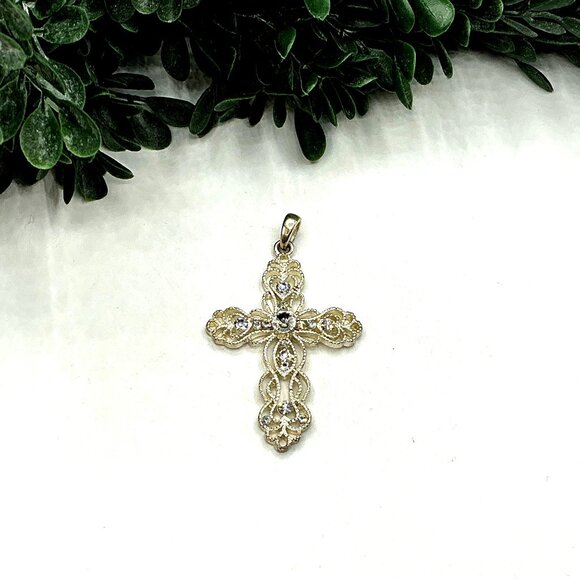 Vintage Silver-Tone Filigree Cross Pendant With Rhinestones - Picture 3 of 6
